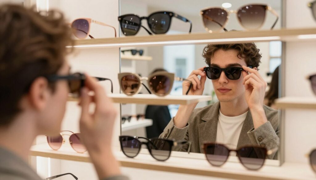 A stylish, modern young adult trying on various sunglasses in front of a large mirror, showcasing a range of frame shapes and colors that flatter their face. In the foreground, the focus is on the person's face, subtly reflecting their expression of confidence and satisfaction. The middle section features a chic boutique environment with soft, natural lighting highlighting the textures of the sunglasses and the person's attire, which consists of smart casual clothing. The background includes shelves lined with fashionable eyewear and bright, inviting décor, creating a warm and stylish atmosphere. The overall mood is one of elegance and personal style, emphasizing the importance of comfort and proper fit in choosing sunglasses.