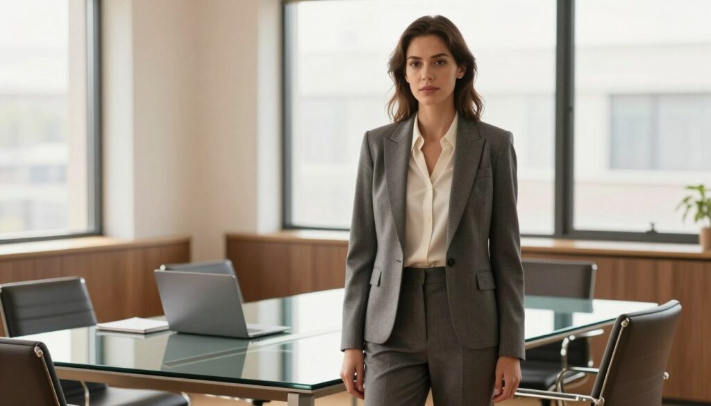 A stylish office setting featuring a woman in professional business attire, standing confidently in the foreground. She is wearing a tailored blazer over a chic blouse, paired with elegant trousers, embodying a modern alternative to a traditional suit. Her expression is focused and poised, indicating readiness for a business meeting. In the middle ground, a sleek glass conference table with a few stylish accessories—like a laptop and notebook—highlights the professional environment. The background showcases large windows with natural light streaming in, illuminating the space and creating a warm, inviting atmosphere. The overall mood reflects professionalism and confidence, emphasizing smart, fashionable alternatives for work. Use soft, diffused lighting to enhance the elegance of the scene. A stylish office setting featuring a woman in professional business attire, standing confidently in the foreground. She is wearing a tailored blazer over a chic blouse, paired with elegant trousers, embodying a modern alternative to a traditional suit. Her expression is focused and poised, indicating readiness for a business meeting. In the middle ground, a sleek glass conference table with a few stylish accessories—like a laptop and notebook—highlights the professional environment. The background showcases large windows with natural light streaming in, illuminating the space and creating a warm, inviting atmosphere. The overall mood reflects professionalism and confidence, emphasizing smart, fashionable alternatives for work. Use soft, diffused lighting to enhance the elegance of the scene.