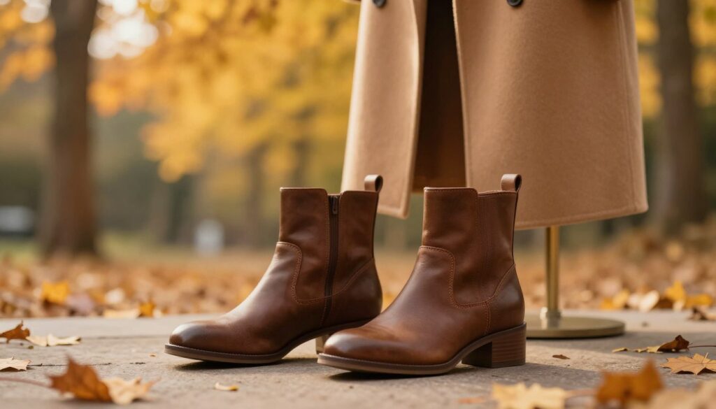 A stylish pair of ankle boots, made from rich, textured leather with a soft matte finish, is central in the foreground, showcasing intricate stitching and a chic, modern design. The boots have a low heel, emphasizing comfort while maintaining elegance. In the middle ground, a fashionable autumn coat drapes gracefully on a simplified mannequin, adding to the ensemble’s sophistication. The background features a blurred, cozy autumn setting with vibrant fall foliage and soft golden light filtering through the trees, creating a warm, inviting atmosphere. Use a shallow depth of field to focus on the boots and the coat, while maintaining a bokeh effect on the natural elements behind. The overall mood should evoke a sense of comfort and style perfect for the autumn season.