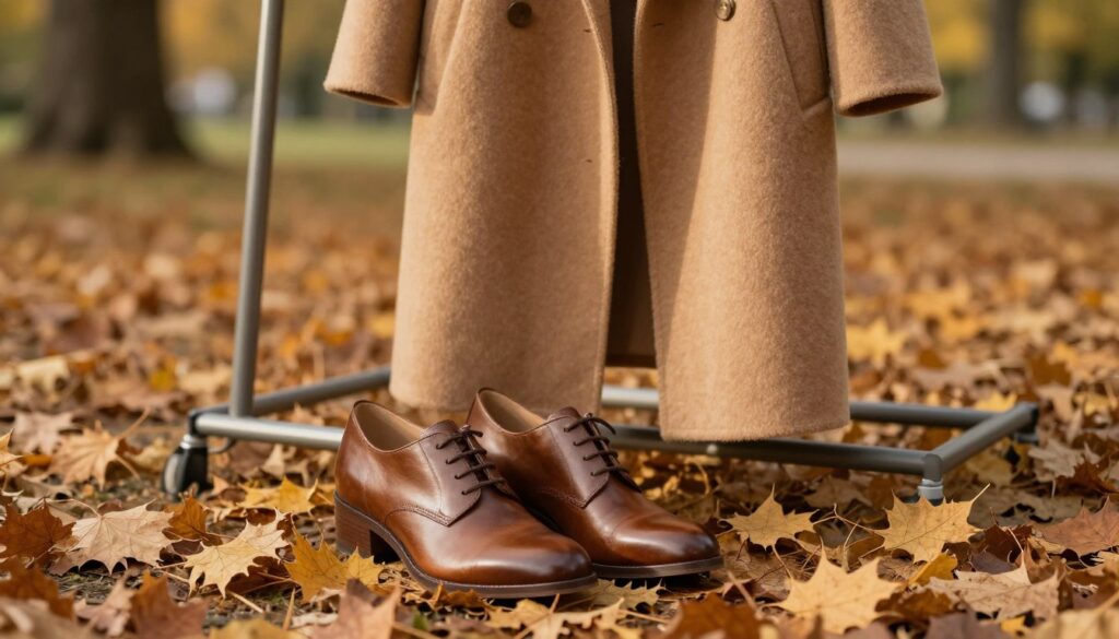 A stylish pair of autumn shoes in rich, earthy tones, placed prominently in the foreground, symbolizing the perfect match for an elegant autumn coat. The shoes are crafted from high-quality leather, with a polished finish that catches the soft, warm sunlight. The middle ground features a fashionable autumn coat draped gracefully over a minimalist clothing rack, showcasing its tailored silhouette and cozy texture. The background is a blurred, serene park scene with fallen leaves in shades of gold and brown, evoking a crisp fall atmosphere. The lighting is gentle and inviting, creating a harmonious, cozy mood that emphasizes the style and comfort of the shoe-coat combination. The composition is shot from a slightly elevated angle to create depth and focus on the footwear’s details.