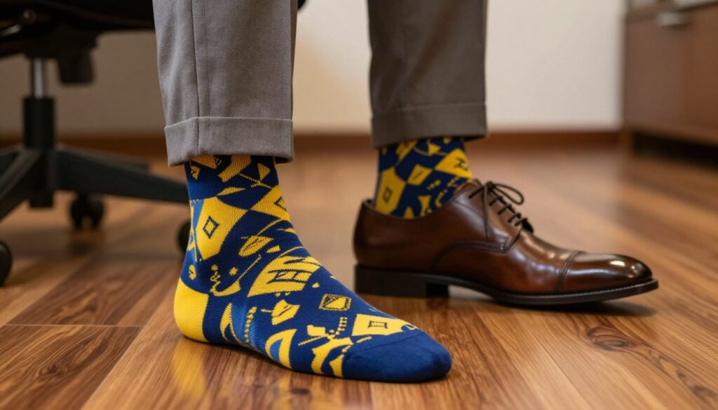 A stylish pair of brown dress shoes placed on a polished wooden floor, complemented by vibrant patterned socks featuring contrasting colors like deep blue and bright yellow. In the foreground, showcase the socks elegantly rolled down slightly to reveal the design. In the middle, include a sophisticated pair of tailored trousers in a neutral color, elegantly displayed to accentuate the sock choice. The background features a softly blurred office environment with warm, inviting lighting, utilizing a shallow depth of field to keep the focus on the footwear and socks. The overall mood is chic and refined, emphasizing the importance of stylish contrasts in a professional setting.