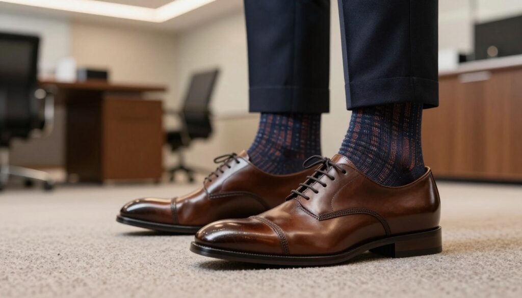 A stylish pair of brown dress shoes prominently displayed in the foreground, paired with elegantly designed socks that feature a subtle pattern, seamlessly blending into a formal outfit. The background reveals a sophisticated office setting with soft, warm lighting enhancing the professional ambiance. The focus is on the shoes and socks, with a shallow depth of field that blurs the office's sleek furniture and decor. The mood is refined and polished, capturing the essence of smart casual and formal business attire. The composition is shot from a slightly elevated angle, showcasing the harmony between the brown shoes and the stylish socks, perfect for a business or formal occasion without any distractions.