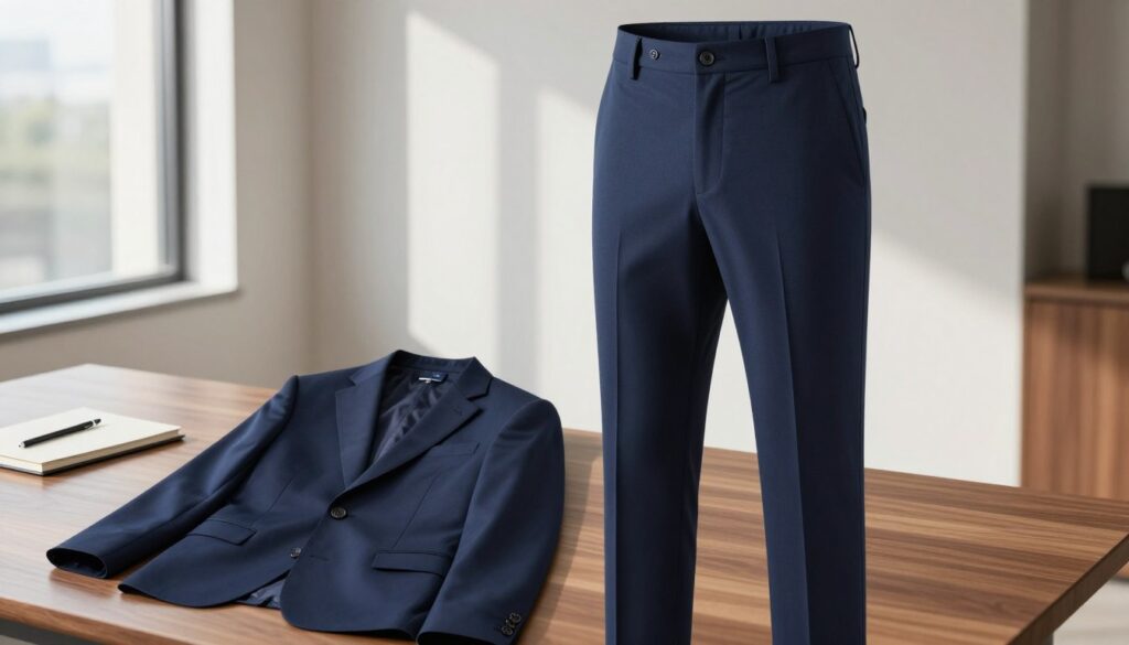 A stylish pair of elegant tailored trousers in a sophisticated office environment. The trousers feature a modern cut with a sharp crease down the front, showcasing a rich navy fabric that reflects subtle light, emphasizing their quality and texture. In the foreground, the trousers are displayed on a sleek wooden desk, partially draped over a stylish blazer and a minimalistic notebook, hinting at a professional setting. The middle ground includes a clean, modern office backdrop with soft natural light streaming in from a large window, casting gentle shadows. The overall atmosphere is chic and refined, capturing the essence of contemporary workwear fashion, suitable for both office and casual settings.