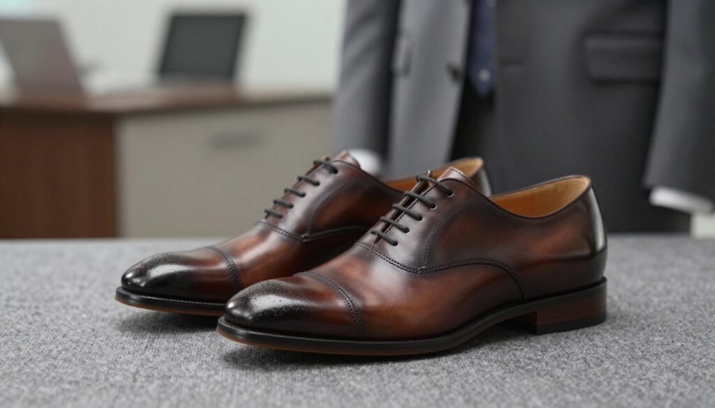 A stylish pair of 'oksfordy' shoes, elegantly displayed in the foreground, showcasing their polished leather finish and classic design. The shoes should be placed on a textured gray fabric that complements the hue of a gray suit. In the middle ground, a subtle gradient of soft lighting highlights the contours of the shoes, creating depth and allure. The background features a blurred office setting with muted tones, emphasizing professionalism without distraction. The mood is sophisticated and refined, perfect for a formal occasion. Use a shallow depth of field to keep focus on the shoes while gently blurring the background, capturing the essence of business elegance and style.