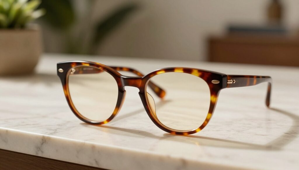 A stylish pair of tortoiseshell glasses sits elegantly on a marble countertop, capturing natural light that highlights their rich, warm hues of brown, amber, and cream. The glasses have a classic cat-eye shape, evoking a timeless sophistication mixed with modern flair. In the background, soft-focus greenery mimics a cozy interior setting, hinting at a stylish living space. The lighting is warm and inviting, creating a gentle glow around the glasses, while a shallow depth of field emphasizes their intricate patterns. This scene conveys a sense of elegance and luxury, ideal for showcasing the artistic design and versatility of tortoiseshell eyewear in fashion.