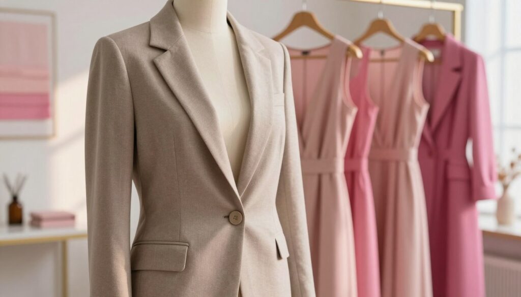 A stylish, tailored blazer in neutral colors such as beige, gray, and cream is displayed prominently in the foreground, elegantly draped over a mannequin. The blazer's fabric showcases a subtle texture, catching the soft, warm lighting from a nearby window, creating an inviting and sophisticated atmosphere. In the middle ground, several pink dresses in varying shades—dusty rose, soft blush, and vibrant fuchsia—are arranged on hangers or mannequins, highlighting the versatility of neutral-colored blazers. The background features a minimalist fashion studio with soft, blurred elements like fabric swatches and accessories, enhancing the mood of fashion elegance. The scene is composed with a gentle depth of field, focusing on the blazer and dresses, inviting viewers to explore how these neutral tones complement pink hues in stylish ensembles.
