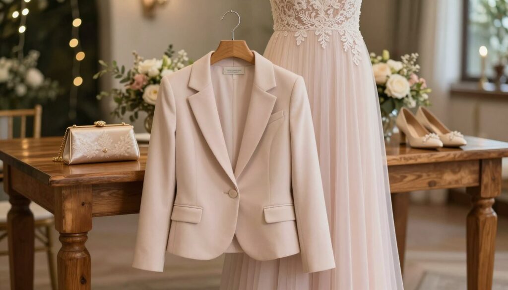 A stylish wedding outfit featuring an elegant dress, complemented by a sophisticated alternative to a blazer. The ensemble showcases a long, flowing dress in pastel tones, elegantly draped on a mannequin. In the foreground, a tailored, lightweight wrap or bolero jacket provides a chic contrast, adorned with delicate lace details. The middle ground features a polished wooden table with accessories like a clutch and heels, adding to the refined look. The background is softly blurred, hinting at a festive wedding setting with twinkling fairy lights and tasteful floral arrangements. Natural, warm lighting filters through, creating a romantic and inviting atmosphere. The angle captures the outfit from slightly above, emphasizing layers and textures, while maintaining a fresh, elegant vibe. A stylish wedding outfit featuring an elegant dress, complemented by a sophisticated alternative to a blazer. The ensemble showcases a long, flowing dress in pastel tones, elegantly draped on a mannequin. In the foreground, a tailored, lightweight wrap or bolero jacket provides a chic contrast, adorned with delicate lace details. The middle ground features a polished wooden table with accessories like a clutch and heels, adding to the refined look. The background is softly blurred, hinting at a festive wedding setting with twinkling fairy lights and tasteful floral arrangements. Natural, warm lighting filters through, creating a romantic and inviting atmosphere. The angle captures the outfit from slightly above, emphasizing layers and textures, while maintaining a fresh, elegant vibe.