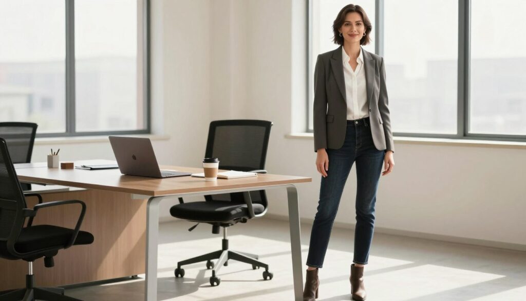 A stylish woman stands confidently in a modern office environment, embodying smart casual fashion. She wears a tailored blazer over a crisp white blouse, perfectly paired with sleek, dark jeans and chic ankle boots. Her hair is neatly styled, and she has minimal, elegant accessories. The foreground captures her poised stance, with a slight smile that exudes professionalism. In the middle, a contemporary office desk with a laptop, a notepad, and a coffee mug adds context, signifying a work setting. The background features large windows with natural light streaming in, casting soft shadows that enhance the mood of relaxed sophistication. Use a warm color palette to evoke an inviting atmosphere, and capture the scene from a slightly angled view to showcase depth.