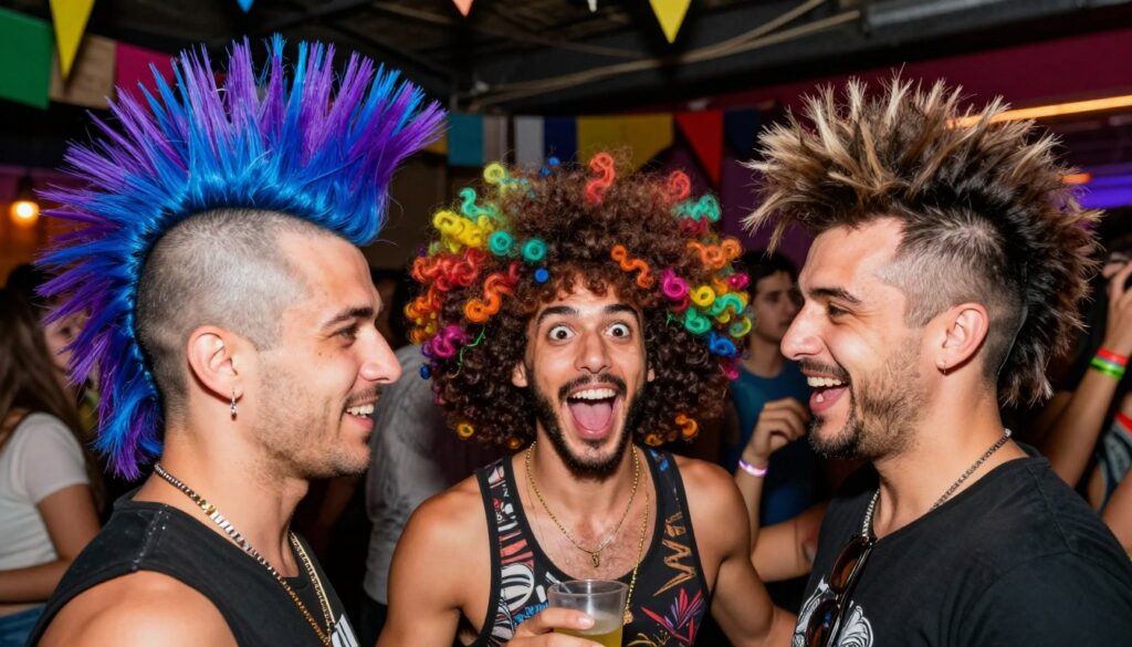 A vibrant and lively scene featuring three men showcasing hilarious and outrageous hairstyles that draw attention at a party. In the foreground, one man has a towering, colorful Mohawk styled with bright blue and purple spikes, while another sports a whimsical, oversized curly afro with multicolored highlights. The third man wears a wild combination of a faux hawk and shaved designs on the sides of his head. The background is filled with a festive atmosphere, showcasing colorful party decorations and people dancing in the dim light. The lighting is warm and bright, capturing the energetic mood of a fun festival. The characters are dressed in casual but stylish party attire, ensuring the focus remains on their unique hairstyles.