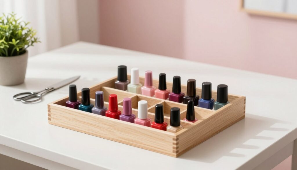 A well-organized DIY nail polish box displayed on a bright, clean workspace. The foreground features the box, crafted from light wood with neatly divided compartments holding various nail polish bottles in an array of vibrant colors. In the middle, the workspace includes tools like a nail file, a pair of scissors, and a small potted plant for a touch of greenery. The background showcases a softly lit room with pastel-colored walls, adding a cozy atmosphere. The image is taken from a slightly elevated angle to emphasize the contents of the box, with soft, diffused natural light creating inviting shadows. The scene conveys a sense of creativity and organization, perfect for showcasing a practical storage solution for nail polish collection.