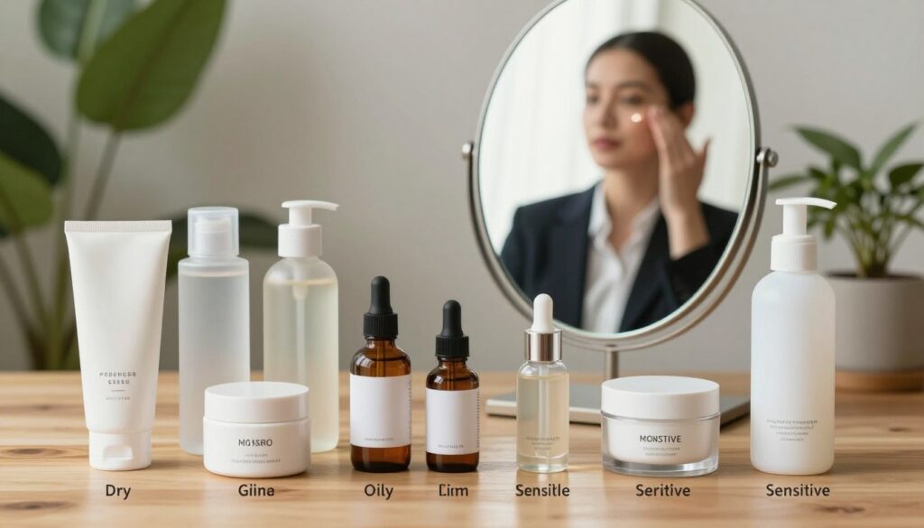 A well-organized skincare routine illustrated through a flat lay arrangement on a wooden tabletop. In the foreground, various skincare products including cleansers, toners, serums, and moisturizers categorized by skin type—dry, oily, combination, and sensitive—each with labeled containers. In the middle ground, a soft-focus mirror reflects the silhouette of a person in professional business attire, gently examining their face to assess skin type, using good lighting to highlight skin texture. The background features a calming, plant-filled environment with soft, natural light spilling in, creating a serene and informative atmosphere. The overall mood is professional yet inviting, emphasizing the importance of tailoring skincare to individual needs.