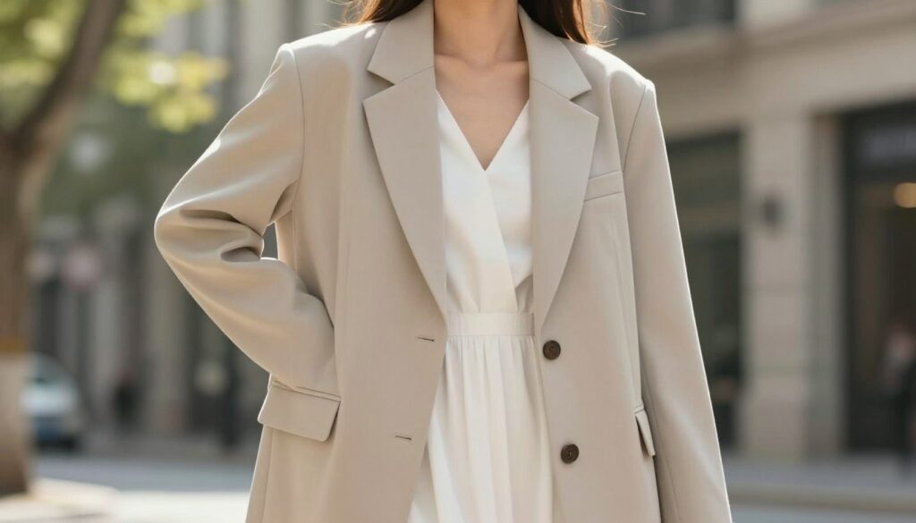 An elegant woman wearing an oversized blazer in a soft, neutral color, gracefully draped over a white dress. The blazer has a slightly relaxed fit, with wide lapels and a single button closure, exuding a chic, modern vibe. She stands confidently in a stylish urban setting, with hints of greenery in the background, soft sunlight filtering through trees, creating a warm atmosphere. The focus is on her outfit, showcasing the layering of the oversized blazer with the flowing white dress. The scene is captured from a slight low angle to emphasize her stature and the fashionable silhouette. The overall mood is sophisticated yet approachable, perfect for both casual outings and special occasions.