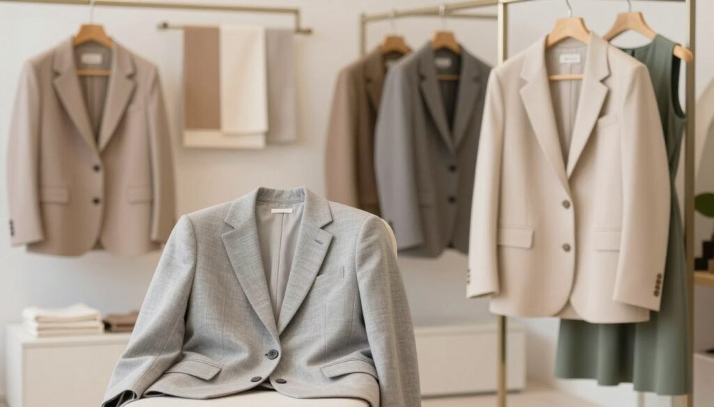 A beautifully arranged display of neutral-colored blazers, highlighting shades like beige, taupe, gray, and cream. In the foreground, a well-tailored blazer in light gray is draped elegantly over a stylish chair, while a beige blazer hangs on a nearby clothing rack. The middle ground includes a soft, blurred view of additional blazers showcased on a minimalist boutique display. The background features softly lit fabric swatches in complementary neutral colors, creating a warm and inviting atmosphere. The scene is illuminated with diffused natural light, suggesting a bright, airy space. The overall mood is sophisticated and stylish, reflecting the timeless appeal of neutral blazers that can enhance and complement a green dress. A beautifully arranged display of neutral-colored blazers, highlighting shades like beige, taupe, gray, and cream. In the foreground, a well-tailored blazer in light gray is draped elegantly over a stylish chair, while a beige blazer hangs on a nearby clothing rack. The middle ground includes a soft, blurred view of additional blazers showcased on a minimalist boutique display. The background features softly lit fabric swatches in complementary neutral colors, creating a warm and inviting atmosphere. The scene is illuminated with diffused natural light, suggesting a bright, airy space. The overall mood is sophisticated and stylish, reflecting the timeless appeal of neutral blazers that can enhance and complement a green dress.