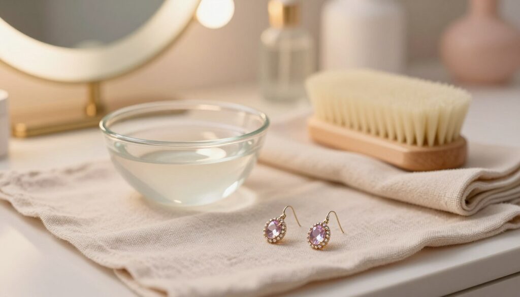 A beautifully arranged jewelry cleaning station featuring a pair of elegant earrings at the forefront, glistening under soft, warm light. The earrings, adorned with delicate gemstones, are resting on a fine linen cloth. In the middle ground, a small bowl filled with cleaning solution and a soft brush are positioned beside a polishing cloth. Background elements include a softly blurred vanity mirror reflecting gentle light, enhancing the serene atmosphere. The color palette is soothing, dominated by pastel hues that evoke a sense of calm and care. The overall mood is one of tranquility and indulgence, inviting the viewer to appreciate the art of jewelry maintenance and care. A beautifully arranged jewelry cleaning station featuring a pair of elegant earrings at the forefront, glistening under soft, warm light. The earrings, adorned with delicate gemstones, are resting on a fine linen cloth. In the middle ground, a small bowl filled with cleaning solution and a soft brush are positioned beside a polishing cloth. Background elements include a softly blurred vanity mirror reflecting gentle light, enhancing the serene atmosphere. The color palette is soothing, dominated by pastel hues that evoke a sense of calm and care. The overall mood is one of tranquility and indulgence, inviting the viewer to appreciate the art of jewelry maintenance and care.