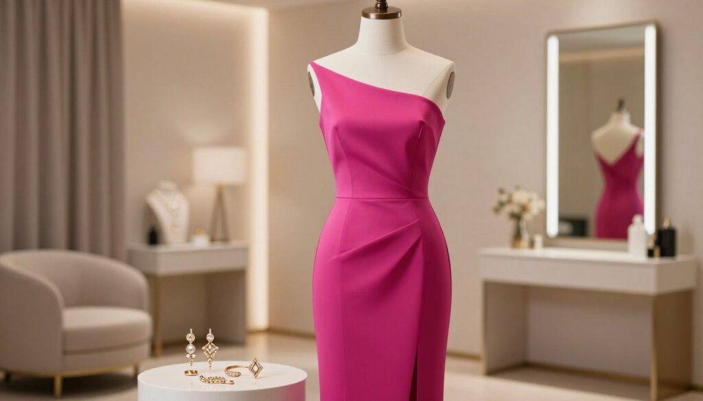 A beautifully styled fuchsia dress displayed elegantly on a mannequin in a softly lit room. The emphasis is on the vibrant color and the unique design of the dress, showcasing its flattering silhouette. Surrounding the dress are carefully chosen jewelry pieces, including statement earrings and a delicate bracelet, enhancing the boldness of the outfit. The background features a minimalist, chic dressing area with neutral tones, allowing the fuchsia to stand out. The lighting is warm and inviting, creating a sophisticated atmosphere. A shallow depth of field captures the details of the accessories in the foreground while softly blurring the background, emphasizing the luxurious quality of the jewelry and the dress.
