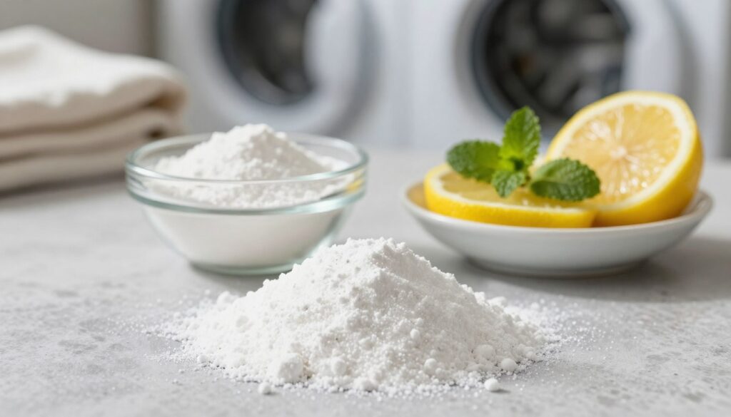A clean, textured surface with a mound of white baking soda in the foreground, glistening under soft, natural light. In the middle, a small glass bowl of the baking soda sits next to a delicate ceramic dish containing fresh, vibrant lemon slices and sprigs of mint, emphasizing natural freshness. The background features a softly blurred laundry area, with a glimpse of neatly folded clothes. The overall atmosphere is fresh and inviting, evoking a sense of cleanliness and natural solutions. The lighting is warm and diffused, casting gentle shadows and highlighting the textures of the baking soda and ingredients. The composition should be visually clear, focusing on the utilization of baking soda as a natural deodorizer. A clean, textured surface with a mound of white baking soda in the foreground, glistening under soft, natural light. In the middle, a small glass bowl of the baking soda sits next to a delicate ceramic dish containing fresh, vibrant lemon slices and sprigs of mint, emphasizing natural freshness. The background features a softly blurred laundry area, with a glimpse of neatly folded clothes. The overall atmosphere is fresh and inviting, evoking a sense of cleanliness and natural solutions. The lighting is warm and diffused, casting gentle shadows and highlighting the textures of the baking soda and ingredients. The composition should be visually clear, focusing on the utilization of baking soda as a natural deodorizer.