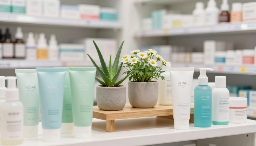 A clean, well-organized pharmacy shelf showcasing a variety of skin care products for acne treatment. In the foreground, prominently displayed are tubes of cream and serums, labeled clearly, with gentle, soothing colors like soft greens and blues. In the middle, a small wooden table holds a few decorative pots with aloe vera and chamomile, enhancing the natural healing theme. In the background, softly blurred shelves filled with other wellness items create a welcoming pharmacy ambiance. The lighting is bright and inviting, giving a sense of cleanliness and care, with a focus on the products. The overall mood is calm and reassuring, embodying a professional environment dedicated to skin health and healing. A clean, well-organized pharmacy shelf showcasing a variety of skin care products for acne treatment. In the foreground, prominently displayed are tubes of cream and serums, labeled clearly, with gentle, soothing colors like soft greens and blues. In the middle, a small wooden table holds a few decorative pots with aloe vera and chamomile, enhancing the natural healing theme. In the background, softly blurred shelves filled with other wellness items create a welcoming pharmacy ambiance. The lighting is bright and inviting, giving a sense of cleanliness and care, with a focus on the products. The overall mood is calm and reassuring, embodying a professional environment dedicated to skin health and healing.