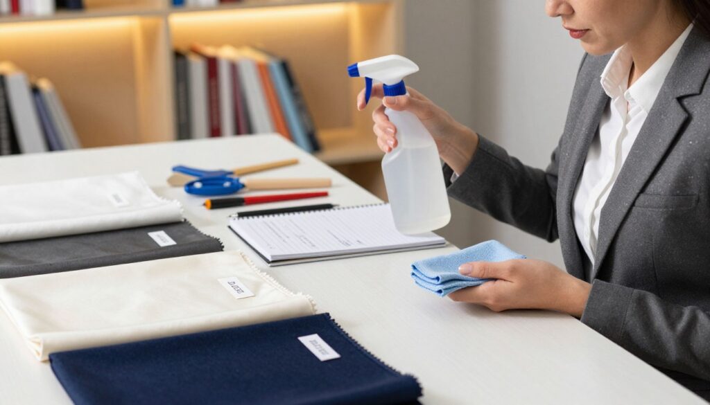 A clean, well-organized workspace featuring a table covered with different types of fabrics, such as cotton, silk, wool, and synthetic materials. Each fabric has a small label indicating its type. In the foreground, a professional person in business attire, looking thoughtfully at the fabrics while holding a spray bottle of a fabric-safe cleaning solution and a small cloth. The middle ground shows various cleaning tools and a notebook with simple notes on fabric care tips. The background features a softly lit shelf filled with books on fabric maintenance, creating an educational atmosphere. The lighting is warm and inviting, highlighting the textures of the fabrics. The overall mood feels informative and professional, focusing on the careful selection of cleaning methods based on fabric types. A clean, well-organized workspace featuring a table covered with different types of fabrics, such as cotton, silk, wool, and synthetic materials. Each fabric has a small label indicating its type. In the foreground, a professional person in business attire, looking thoughtfully at the fabrics while holding a spray bottle of a fabric-safe cleaning solution and a small cloth. The middle ground shows various cleaning tools and a notebook with simple notes on fabric care tips. The background features a softly lit shelf filled with books on fabric maintenance, creating an educational atmosphere. The lighting is warm and inviting, highlighting the textures of the fabrics. The overall mood feels informative and professional, focusing on the careful selection of cleaning methods based on fabric types.