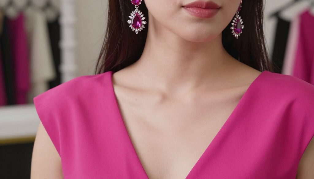 A close-up composition featuring elegant earrings designed to complement a deep V-neckline of a fuchsia dress. The earrings should be intricately detailed, showcasing shimmering gemstones and delicate metalwork, catching the light beautifully. The scene should have soft, ambient lighting that highlights the sparkling facets of the jewelry. In the background, a blurred, stylish dressing room setting elegantly contrasts with the boldness of the fuchsia color, creating a chic atmosphere. The focus should be on the earrings with a shallow depth of field, emphasizing their beauty while subtly hinting at the fashion context without any people present. The overall mood should be sophisticated and vibrant, capturing the essence of bold femininity in jewelry styling.