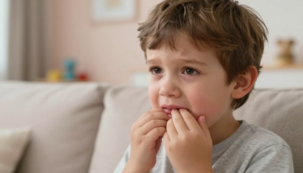 A close-up image of a young child, around 5 years old, sitting on a cozy sofa in a softly lit living room. The child has bright eyes and is gently touching the corners of their mouth, displaying a subtle expression of discomfort due to a common condition known as "zajady." In the background, a warm and inviting atmosphere is created with soft, pastel-colored walls and a few toys scattered around. The lighting is soft and natural, emphasizing the child’s face and the soothing environment. The angle is slightly tilted downwards, capturing the child's curiosity while portraying a sense of care and tenderness in the setting. The mood is calm and reassuring, suitable for illustrating the specifics of caregiving for children with this condition. A close-up image of a young child, around 5 years old, sitting on a cozy sofa in a softly lit living room. The child has bright eyes and is gently touching the corners of their mouth, displaying a subtle expression of discomfort due to a common condition known as "zajady." In the background, a warm and inviting atmosphere is created with soft, pastel-colored walls and a few toys scattered around. The lighting is soft and natural, emphasizing the child’s face and the soothing environment. The angle is slightly tilted downwards, capturing the child's curiosity while portraying a sense of care and tenderness in the setting. The mood is calm and reassuring, suitable for illustrating the specifics of caregiving for children with this condition.