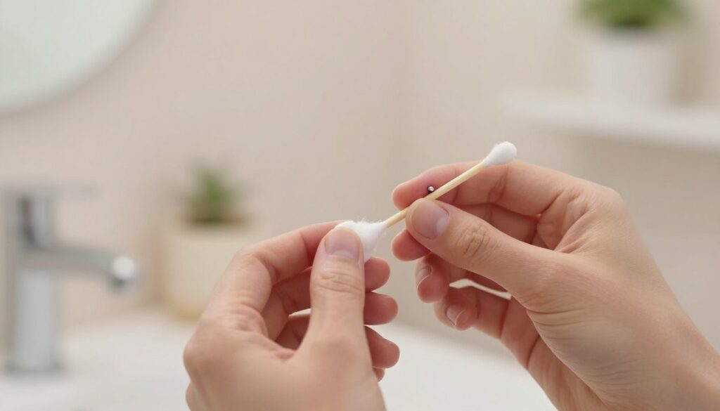 A close-up image of an ear with a small, fresh piercing, showcasing a gentle care routine after removing earrings. The foreground features hands delicately applying a soothing antiseptic or oil with a cotton swab to the earlobe. The middle ground highlights a soft, natural light that emphasizes the texture of the skin and the healing process. In the background, a clean, minimalist bathroom scene is visible, with muted pastel colors and subtle plant accents for a calming atmosphere. The overall mood is serene and nurturing, conveying the importance of ear care post-jewelry removal. The focus is on the hands and the ear, presenting a professional and caring approach to personal grooming. A close-up image of an ear with a small, fresh piercing, showcasing a gentle care routine after removing earrings. The foreground features hands delicately applying a soothing antiseptic or oil with a cotton swab to the earlobe. The middle ground highlights a soft, natural light that emphasizes the texture of the skin and the healing process. In the background, a clean, minimalist bathroom scene is visible, with muted pastel colors and subtle plant accents for a calming atmosphere. The overall mood is serene and nurturing, conveying the importance of ear care post-jewelry removal. The focus is on the hands and the ear, presenting a professional and caring approach to personal grooming.