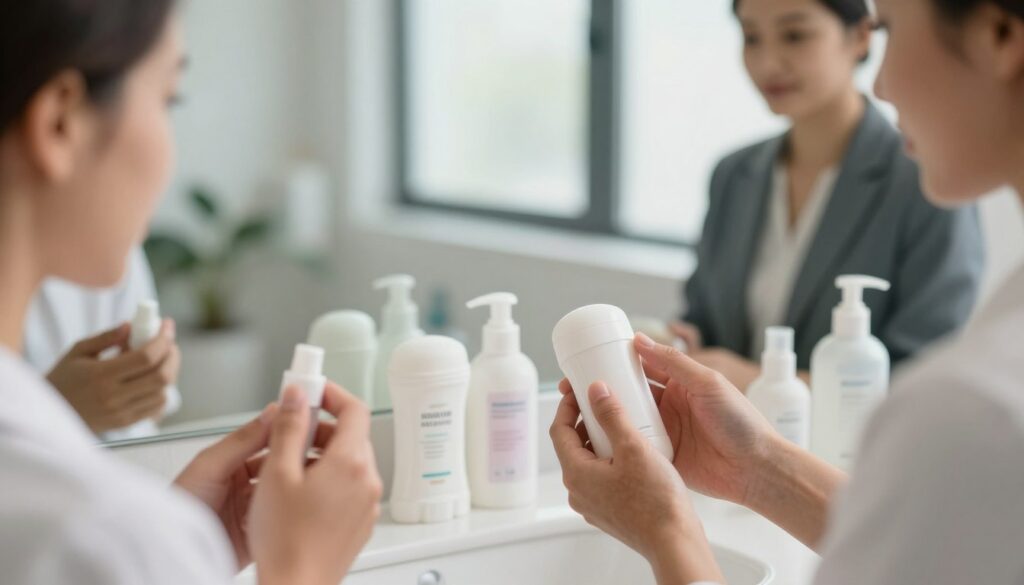 A close-up of a diverse group of people in professional business attire, showcasing the skin adaptation process when switching personal care products. In the foreground, focus on skin reactions with varying textures and colors, highlighting healthy and stressed areas. In the middle, depict a range of deodorants and antiperspirants on a sleek vanity, emphasizing their ingredients with soft reflections. The background should feature a calming bathroom environment with soft, natural lighting filtering through a frosted window, creating a serene atmosphere. Utilize a shallow depth of field to keep the focus on the skin and products, while the background gently fades. The mood should be informative and reassuring, conveying a sense of care and personal health considerations. A close-up of a diverse group of people in professional business attire, showcasing the skin adaptation process when switching personal care products. In the foreground, focus on skin reactions with varying textures and colors, highlighting healthy and stressed areas. In the middle, depict a range of deodorants and antiperspirants on a sleek vanity, emphasizing their ingredients with soft reflections. The background should feature a calming bathroom environment with soft, natural lighting filtering through a frosted window, creating a serene atmosphere. Utilize a shallow depth of field to keep the focus on the skin and products, while the background gently fades. The mood should be informative and reassuring, conveying a sense of care and personal health considerations.