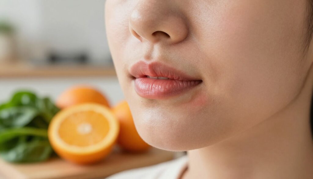 A close-up of a healthy human mouth with the focus on the corners, exhibiting signs of "zajady" healing. The foreground features delicate, naturally hydrated skin with subtle redness at the corners, showcasing a transition from sore to healed. In the middle ground, a blurred arrangement of fresh fruits and vegetables, such as oranges and spinach, symbolizes the importance of vitamins in recovery. The background is softly lit, featuring a warm, calming kitchen setting, with natural light illuminating the scene to evoke a sense of home and wellness. The overall mood is hopeful and informative, emphasizing care and healing without any text or distractions. A close-up of a healthy human mouth with the focus on the corners, exhibiting signs of "zajady" healing. The foreground features delicate, naturally hydrated skin with subtle redness at the corners, showcasing a transition from sore to healed. In the middle ground, a blurred arrangement of fresh fruits and vegetables, such as oranges and spinach, symbolizes the importance of vitamins in recovery. The background is softly lit, featuring a warm, calming kitchen setting, with natural light illuminating the scene to evoke a sense of home and wellness. The overall mood is hopeful and informative, emphasizing care and healing without any text or distractions.