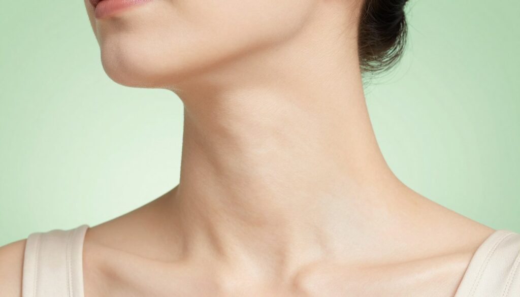A close-up of a healthy neck, focusing on the skin's texture and natural glow. The foreground features the neck, showcasing even skin tone with minimal discoloration, illustrating the concept of skincare health. In the middle ground, soft, diffused lighting enhances the natural beauty of the skin, highlighting subtle details like the sheen of moisture. The background is a gentle gradient, evoking a calming atmosphere with soft hues of green, suggesting vitality and freshness. The overall mood is serene and uplifting, emphasizing wellness and self-care. The person should be dressed in modest, professional attire, ensuring the focus remains on the skin and the healthy lifestyle it represents. The angle is slightly elevated, allowing an unobstructed view of the neck. A close-up of a healthy neck, focusing on the skin's texture and natural glow. The foreground features the neck, showcasing even skin tone with minimal discoloration, illustrating the concept of skincare health. In the middle ground, soft, diffused lighting enhances the natural beauty of the skin, highlighting subtle details like the sheen of moisture. The background is a gentle gradient, evoking a calming atmosphere with soft hues of green, suggesting vitality and freshness. The overall mood is serene and uplifting, emphasizing wellness and self-care. The person should be dressed in modest, professional attire, ensuring the focus remains on the skin and the healthy lifestyle it represents. The angle is slightly elevated, allowing an unobstructed view of the neck.