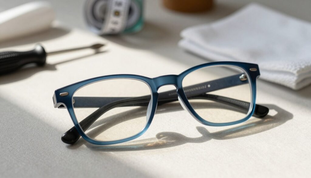 A close-up of a pair of plastic eyeglass frames lying on a soft, textured surface. The frames are sleek and modern, showcasing a variety of colors like translucent blue and matte black. Natural sunlight filters in from the left, casting soft shadows and highlighting the curves and edges of the frames. In the background, there is a blurred workspace with tools such as a small screwdriver, a measuring tape, and a microfiber cloth, suggesting a DIY environment. The atmosphere is calm and focused, emphasizing safety and precision in adjusting eyeglass frames at home. The overall composition should evoke a sense of care and professionalism, suitable for a practical guide on eyewear adjustment. A close-up of a pair of plastic eyeglass frames lying on a soft, textured surface. The frames are sleek and modern, showcasing a variety of colors like translucent blue and matte black. Natural sunlight filters in from the left, casting soft shadows and highlighting the curves and edges of the frames. In the background, there is a blurred workspace with tools such as a small screwdriver, a measuring tape, and a microfiber cloth, suggesting a DIY environment. The atmosphere is calm and focused, emphasizing safety and precision in adjusting eyeglass frames at home. The overall composition should evoke a sense of care and professionalism, suitable for a practical guide on eyewear adjustment.