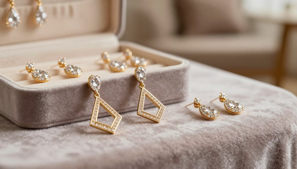 A close-up of elegant earrings in various sizes displayed on a soft, textured velvet surface. The foreground features a pair of large, intricate geometric earrings with delicate gold accents, alongside smaller teardrop-shaped earrings made of shimmering crystals. In the middle, a stylish jewelry box is partially open, revealing more earring designs. The background consists of a blurred cozy room setting with soft, warm lighting, creating an inviting atmosphere. The image is taken from a slight angle, highlighting the depth of the earrings and their details. The mood is sophisticated and graceful, with a focus on the importance of earring size in complementing facial features.
