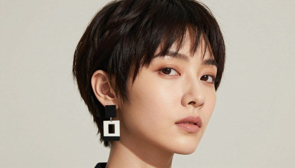 A close-up portrait of a woman with a modern, geometric short haircut, featuring sharp angles and asymmetrical lines that showcase her face beautifully. Her hairstyle is complemented by bold, statement earrings that enhance the overall geometric theme. The lighting is bright and even, casting soft shadows that highlight the contours of her face. The background is a muted, soft color that contrasts subtly with her hair and earrings, creating a clean and stylish look. The atmosphere is contemporary and sophisticated, inviting viewers to appreciate the balance between the haircut and the accessories. Focus on clarity and precision in the details of her hair and earrings, emphasizing modern aesthetics without any text or distractions. A close-up portrait of a woman with a modern, geometric short haircut, featuring sharp angles and asymmetrical lines that showcase her face beautifully. Her hairstyle is complemented by bold, statement earrings that enhance the overall geometric theme. The lighting is bright and even, casting soft shadows that highlight the contours of her face. The background is a muted, soft color that contrasts subtly with her hair and earrings, creating a clean and stylish look. The atmosphere is contemporary and sophisticated, inviting viewers to appreciate the balance between the haircut and the accessories. Focus on clarity and precision in the details of her hair and earrings, emphasizing modern aesthetics without any text or distractions.