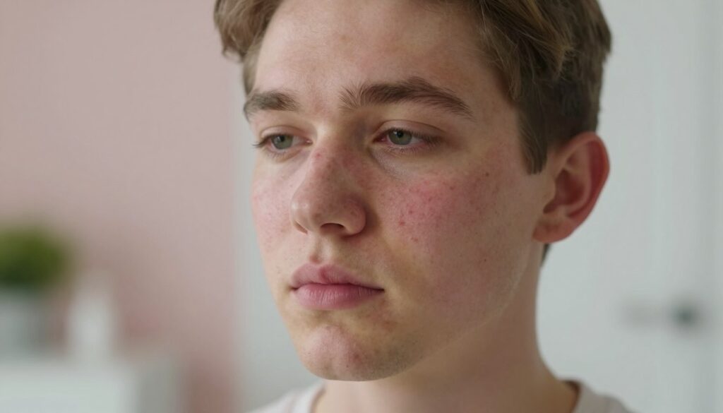 A close-up portrait of a young adult with light skin, showcasing the effects of post-acne hyperpigmentation on the cheeks and forehead. The person's expression is contemplative, highlighting their skin texture and the uneven color tones, which vary from pink to brownish. Soft, natural lighting illuminates their face, creating subtle shadows that emphasize the skin's features. In the background, a blurred medical and beauty environment suggests a clinical yet calming atmosphere, with soft pastel colors and simple decor elements, reinforcing the theme of skincare and healing. The image captures a sense of focused introspection, aiming to convey the emotional impact of skin conditions while remaining safe for work.