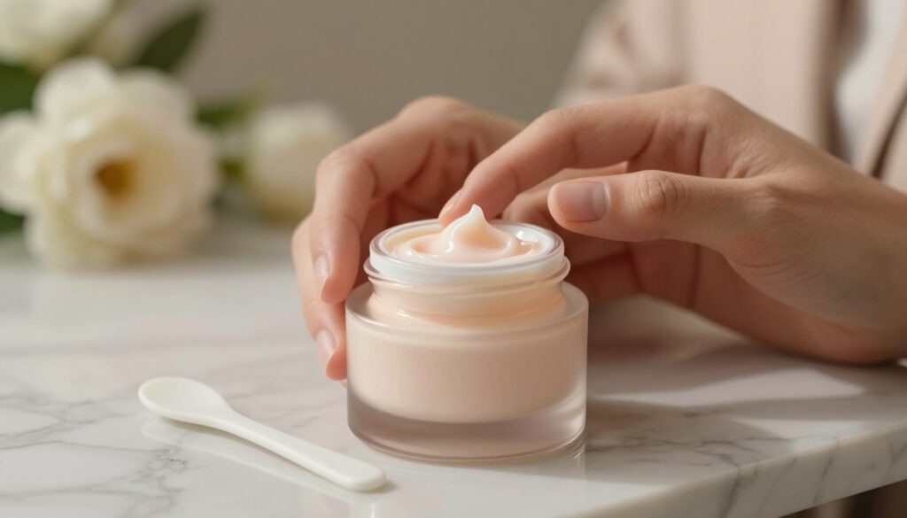 A close-up view of a delicate eye cream jar, elegantly set on a marble countertop. The cream appears velvety, with a soft light reflecting off its surface, showcasing its luxurious texture. In the foreground, a clean, white spatula rests beside the jar, indicating the optimal amount to use. In the middle ground, a pair of gentle hands gracefully apply a small, pea-sized amount of the cream under a model’s eye, dressed in modest, professional attire. The background features soft-focus floral elements, adding a sense of calm and freshness to the scene. The lighting is warm and inviting, creating a serene atmosphere, emphasizing the care and precision of eye cream application. The composition captures the softness and sensitivity of the skin around the eyes, reflecting the importance of proper skincare techniques. A close-up view of a delicate eye cream jar, elegantly set on a marble countertop. The cream appears velvety, with a soft light reflecting off its surface, showcasing its luxurious texture. In the foreground, a clean, white spatula rests beside the jar, indicating the optimal amount to use. In the middle ground, a pair of gentle hands gracefully apply a small, pea-sized amount of the cream under a model’s eye, dressed in modest, professional attire. The background features soft-focus floral elements, adding a sense of calm and freshness to the scene. The lighting is warm and inviting, creating a serene atmosphere, emphasizing the care and precision of eye cream application. The composition captures the softness and sensitivity of the skin around the eyes, reflecting the importance of proper skincare techniques.