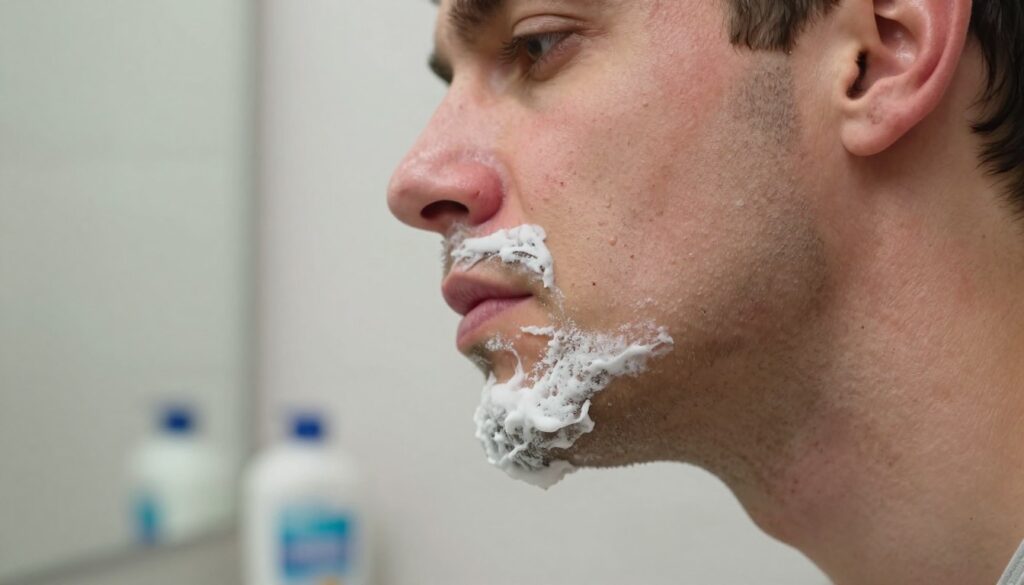 A close-up view of a man's face with irritated white bumps on his cheek and neck, showing the effects of shaving irritation. The foreground features the vibrant textures of the skin, highlighting the small, raised bumps and redness, while the man's expression conveys mild discomfort. The middle ground includes a bathroom setting with a sleek mirror and soft, ambient lighting creating a calming atmosphere. In the background, hints of grooming products like shaving cream and aftershave are blurred but visible. The scene captures a practical and relatable moment in daily grooming routines, emphasizing the importance of proper techniques and skincare. The composition is framed using a soft-focus lens for an intimate yet professional look. A close-up view of a man's face with irritated white bumps on his cheek and neck, showing the effects of shaving irritation. The foreground features the vibrant textures of the skin, highlighting the small, raised bumps and redness, while the man's expression conveys mild discomfort. The middle ground includes a bathroom setting with a sleek mirror and soft, ambient lighting creating a calming atmosphere. In the background, hints of grooming products like shaving cream and aftershave are blurred but visible. The scene captures a practical and relatable moment in daily grooming routines, emphasizing the importance of proper techniques and skincare. The composition is framed using a soft-focus lens for an intimate yet professional look.