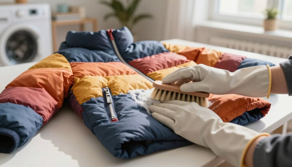 A close-up view of a person carefully hand-cleaning a puffy winter jacket in a well-lit, cozy home environment. The foreground features a pair of hands wearing soft rubber gloves gently scrubbing the fabric with a soft brush, emphasizing the texture of the down filling. In the middle, the colorful puffy jacket is laid flat on a clean surface, showcasing its fullness and details, reflecting the task at hand. The background includes a tidy laundry area with natural light streaming in through a window, creating a warm and inviting atmosphere. Soft shadows enhance the depth while capturing the meticulous care involved in maintaining the jacket’s fluffiness. The overall mood conveys a sense of diligence and love for garment care.