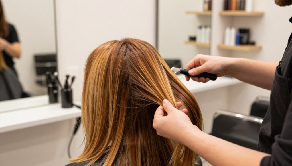 A close-up view of a professional hair salon interior, featuring a stylist applying a natural hair color treatment to a client's hair. The salon is elegantly designed with modern furnishings and bright, welcoming lighting that highlights the beautiful, natural shades of hair. In the foreground, display the client's hair showcasing rich, warm-toned natural colors such as chestnut and honey blonde, while the stylist, dressed in smart casual attire, works diligently with professional tools. In the background, soft-focus mirrors reflect complementary salon equipment and shelves neatly organized with hair products. The atmosphere is serene and inviting, conveying a sense of tranquility and confidence in the hair transformation process. The entire scene is bathed in soft, natural light to evoke a feeling of warmth and professionalism.