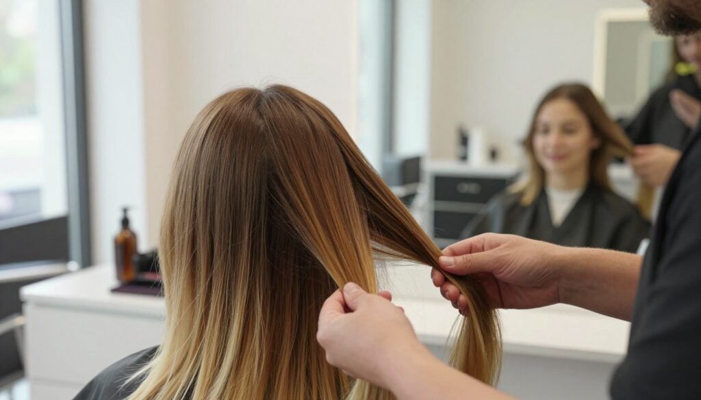 A close-up view of a woman with her hair beautifully transitioning from dyed blonde ends to soft, natural brown roots, symbolizing the journey of returning to her original hair color. The woman sits in a bright, airy salon environment, with warm light filtering through large windows adding a sense of calm. In the foreground, a hairdresser is seen delicately applying a natural hair treatment. The middle ground features a stylish mirror reflecting the woman's content expression, emphasizing her confidence during the hair regrowth process. The background showcases subtle salon decor, enhancing the serene atmosphere of self-care and transformation. The scene captures hope and empowerment, promoting a relaxed mood.