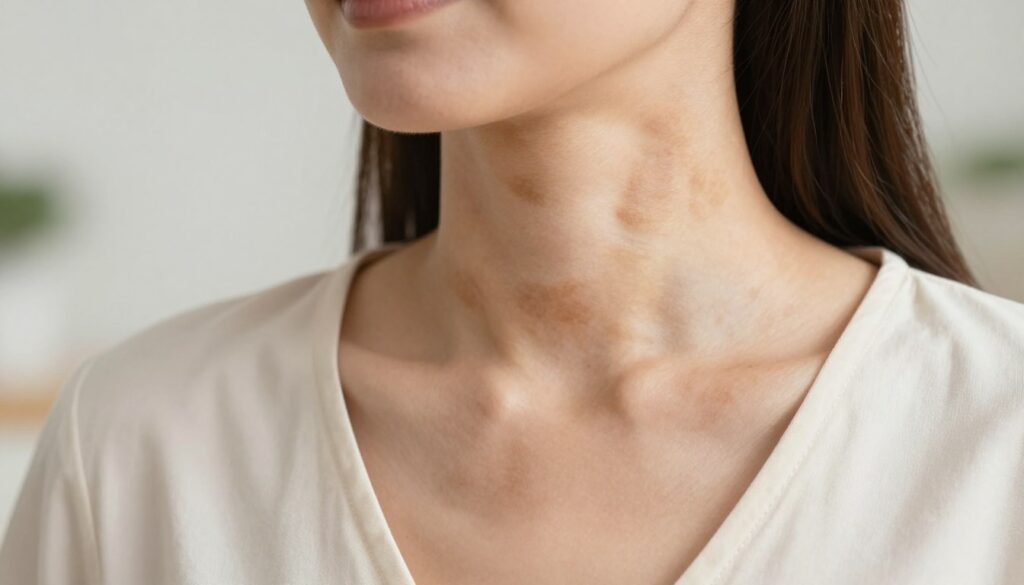 A close-up view of a woman's neck and décolletage showcasing various skin discolorations, such as brown spots and light patches. The foreground features smooth, healthy skin tones contrasted with the blemished areas, while the middle section displays subtle texture variations. The background should be softly blurred to keep focus on the skin, with natural light illuminating the subject from the side to enhance shadows and highlights. The overall atmosphere is clinical yet gentle, promoting an educational feel. The woman should be dressed in a modest, professional blouse, with her hair neatly styled, creating a respectful and informative representation of skin health. A close-up view of a woman's neck and décolletage showcasing various skin discolorations, such as brown spots and light patches. The foreground features smooth, healthy skin tones contrasted with the blemished areas, while the middle section displays subtle texture variations. The background should be softly blurred to keep focus on the skin, with natural light illuminating the subject from the side to enhance shadows and highlights. The overall atmosphere is clinical yet gentle, promoting an educational feel. The woman should be dressed in a modest, professional blouse, with her hair neatly styled, creating a respectful and informative representation of skin health.