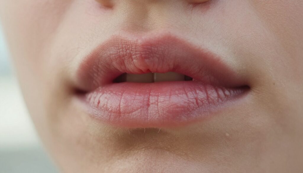 A close-up view of cracked, dry lips showing signs of external environmental damage, such as chapping and irritation. The foreground highlights the texture and detail of the lips, emphasizing the fine lines and creases, with a focus on natural skin tones, under soft, diffused lighting that creates a gentle glow. In the middle ground, subtle elements like a blurred-out background of a harsh climate scene, such as bright sun or cold wind, hint at external factors affecting lip health. Use a macro lens to capture the intricate details, revealing the contrast between the dry skin and the surrounding soft, moisturized areas. The overall mood conveys a sense of concern and the need for care, highlighting the importance of proper lip maintenance in adverse conditions.