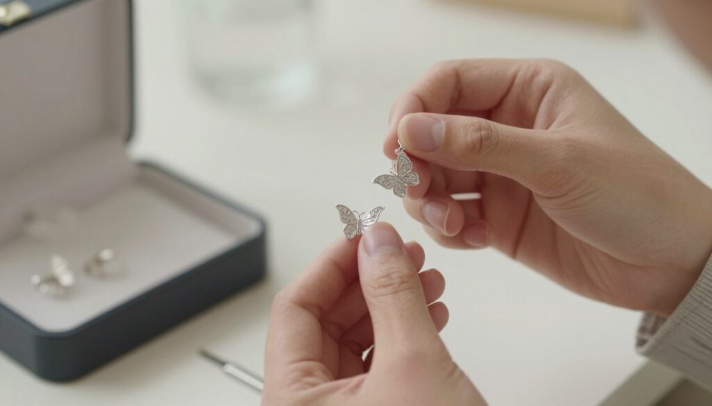 A close-up view of elegantly designed butterfly earrings (kolczyki) caught in soft, natural lighting. The earrings are made of delicate silver with intricate wing patterns, embellished with shimmering gemstones that reflect light. In the foreground, a pair of hands, dressed in modest casual attire, gently grasp one earring while the other dangles, demonstrating the action of removing it. In the middle ground, a blurred-out jewelry box and tools hint at the context of earring maintenance. The background softly fades into a light, neutral tone that enhances the focus on the earrings. The mood is calm and instructional, with a focus on careful handling and precision. A close-up view of elegantly designed butterfly earrings (kolczyki) caught in soft, natural lighting. The earrings are made of delicate silver with intricate wing patterns, embellished with shimmering gemstones that reflect light. In the foreground, a pair of hands, dressed in modest casual attire, gently grasp one earring while the other dangles, demonstrating the action of removing it. In the middle ground, a blurred-out jewelry box and tools hint at the context of earring maintenance. The background softly fades into a light, neutral tone that enhances the focus on the earrings. The mood is calm and instructional, with a focus on careful handling and precision.