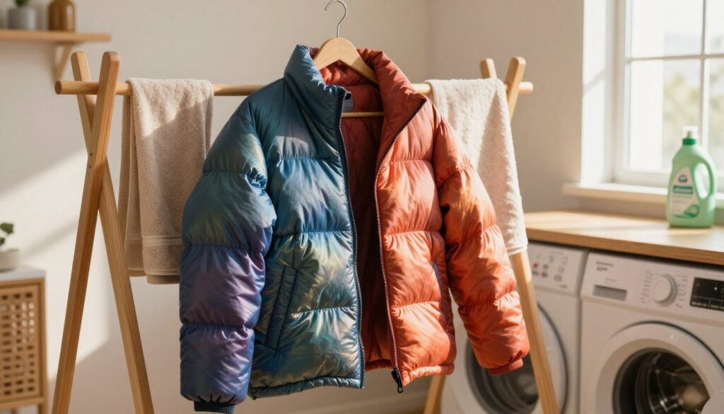 A cozy and well-lit laundry room setting featuring a puffer jacket hanging to dry on a wooden rack. In the foreground, the jacket is slightly open to reveal its fluffy interior, showcasing vibrant colors and a shimmering texture. In the middle, the wooden drying rack is surrounded by personal touches like a neatly folded towel and a bottle of eco-friendly detergent. The background features a warm window with sunlight streaming in, casting gentle shadows and highlights on the jacket, emphasizing its softness. The atmosphere is calm and inviting, suggesting a comfortable domestic scene, perfect for illustrating methods of drying a puffer jacket without a dryer.