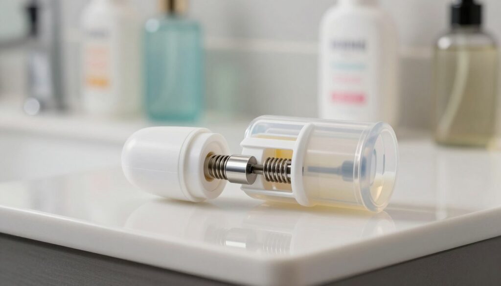 A detailed close-up of a deodorant mechanism displayed on a sleek, modern countertop. In the foreground, focus on the intricate components of the deodorant dispenser: springs, pistons, and a small reservoir, showcasing the engineering behind the product. The middle ground features a partially transparent deodorant stick, revealing the inner workings and structure. In the background, softly blurred, hints of well-organized toiletries and a fresh bathroom ambiance create a clean and inviting atmosphere. The lighting is bright and brightens the scene with a subtle sheen, using a focus lens to emphasize texture and detail, conveying a sense of innovation and functionality in personal care. A detailed close-up of a deodorant mechanism displayed on a sleek, modern countertop. In the foreground, focus on the intricate components of the deodorant dispenser: springs, pistons, and a small reservoir, showcasing the engineering behind the product. The middle ground features a partially transparent deodorant stick, revealing the inner workings and structure. In the background, softly blurred, hints of well-organized toiletries and a fresh bathroom ambiance create a clean and inviting atmosphere. The lighting is bright and brightens the scene with a subtle sheen, using a focus lens to emphasize texture and detail, conveying a sense of innovation and functionality in personal care.