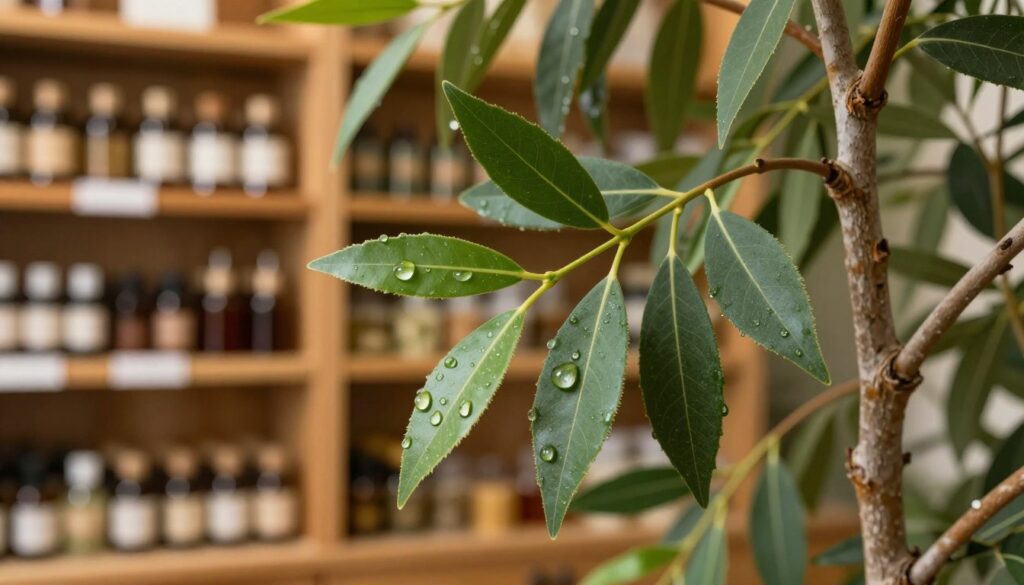 A detailed close-up of a tea tree (Melaleuca alternifolia) with lush green leaves, showcasing the tree's unique structure and bark texture. In the foreground, depict droplets of essential tea tree oil on leaves, emphasizing its antibacterial and anti-inflammatory properties. The middle ground features a soft-focus background of an herbal apothecary, with wooden shelves lined with small glass jars filled with natural remedies. Use warm, inviting lighting to create a calming atmosphere that suggests wellness and healing. Lens focus should highlight the intricate details of the leaves while maintaining a blurred effect on the background, giving a sense of depth. The overall mood should be serene and natural, illustrating the therapeutic essence of tea tree oil. A detailed close-up of a tea tree (Melaleuca alternifolia) with lush green leaves, showcasing the tree's unique structure and bark texture. In the foreground, depict droplets of essential tea tree oil on leaves, emphasizing its antibacterial and anti-inflammatory properties. The middle ground features a soft-focus background of an herbal apothecary, with wooden shelves lined with small glass jars filled with natural remedies. Use warm, inviting lighting to create a calming atmosphere that suggests wellness and healing. Lens focus should highlight the intricate details of the leaves while maintaining a blurred effect on the background, giving a sense of depth. The overall mood should be serene and natural, illustrating the therapeutic essence of tea tree oil.