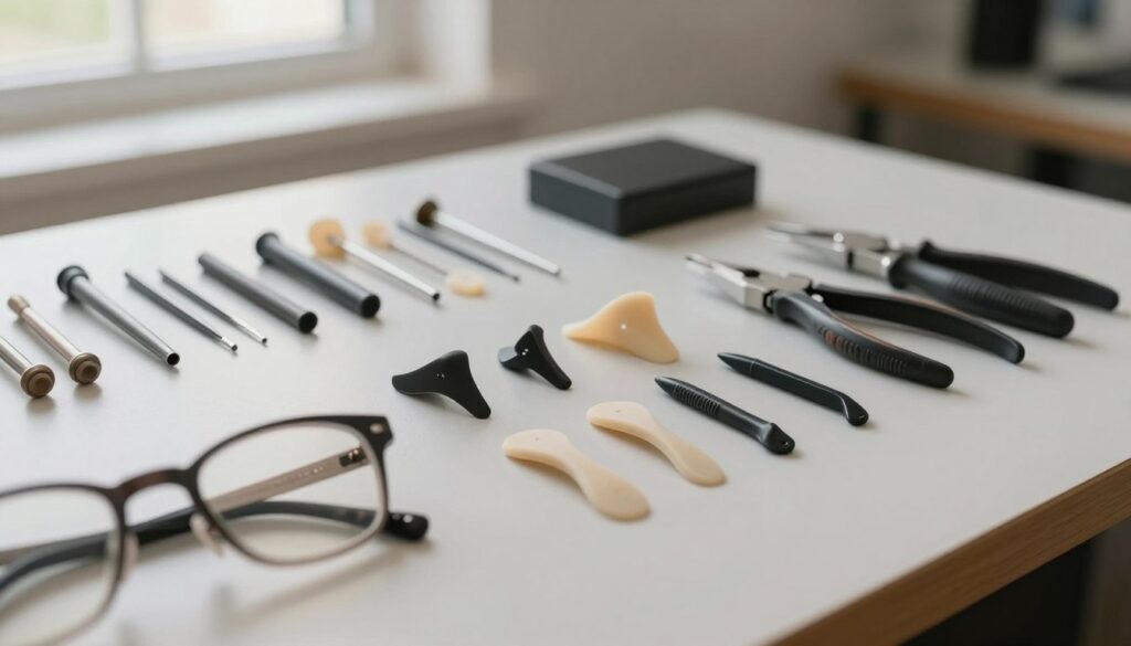 A detailed view of a diagnostic tool setup for eyeglasses adjustment, focusing on a selection of different nose pads and temple tips arranged neatly on a workbench. In the foreground, a pair of eyeglasses with adjustable parts can be seen, illuminated by soft, diffused lighting. The middle ground features a well-organized toolkit, including small screwdrivers and pliers designed for eyewear adjustments, emphasizing precision. The background showcases a clean, minimalistic workspace with subtle hints of a home environment, such as a window with natural light filtering in. The atmosphere is calm and professional, encouraging a feeling of readiness and focus for safe at-home eyewear adjustments. A detailed view of a diagnostic tool setup for eyeglasses adjustment, focusing on a selection of different nose pads and temple tips arranged neatly on a workbench. In the foreground, a pair of eyeglasses with adjustable parts can be seen, illuminated by soft, diffused lighting. The middle ground features a well-organized toolkit, including small screwdrivers and pliers designed for eyewear adjustments, emphasizing precision. The background showcases a clean, minimalistic workspace with subtle hints of a home environment, such as a window with natural light filtering in. The atmosphere is calm and professional, encouraging a feeling of readiness and focus for safe at-home eyewear adjustments.