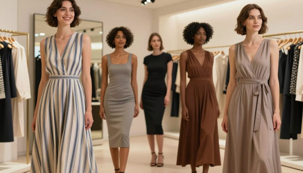 A fashion scene featuring a diverse group of short women showcasing a variety of dress styles emphasizing length and elegance. Foreground: One woman in a flowing, knee-length dress with vertical stripes, accentuating her silhouette, smiling confidently. Middle: Two other women in different styles—one in a fitted midi dress and the other in a long maxi dress—highlighting how different lengths enhance their appearance. Background: A softly lit boutique environment with elegant mirrors and clothing racks, giving an inviting atmosphere. Use soft, natural lighting to create a warm feel, with a focus on the dresses. Capture the scene from a slightly low angle to enhance the perception of height, conveying a mood of empowerment and style. A fashion scene featuring a diverse group of short women showcasing a variety of dress styles emphasizing length and elegance. Foreground: One woman in a flowing, knee-length dress with vertical stripes, accentuating her silhouette, smiling confidently. Middle: Two other women in different styles—one in a fitted midi dress and the other in a long maxi dress—highlighting how different lengths enhance their appearance. Background: A softly lit boutique environment with elegant mirrors and clothing racks, giving an inviting atmosphere. Use soft, natural lighting to create a warm feel, with a focus on the dresses. Capture the scene from a slightly low angle to enhance the perception of height, conveying a mood of empowerment and style.