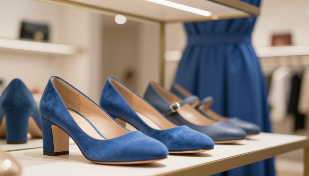 A fashionable display of elegant blue shoes that complement a beautiful blue dress, set against a soft, blurred background of a chic, modern boutique interior. The shoes should be stylish, with subtle details like delicate straps and a comfortable heel, emphasizing a refined aesthetic. The lighting is warm and inviting, creating a cozy atmosphere, while a slight overhead angle captures the shoes prominently in the foreground. The image reflects a balance between sophistication and everyday wearability, illustrating the importance of choosing the right footwear while avoiding common fashion mistakes. The overall mood is inspiring, encouraging a sense of stylish confidence and thoughtful fashion choices.