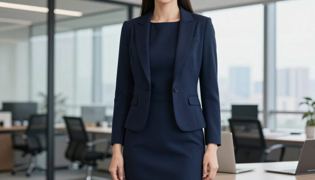A fashionable, professional businesswoman is wearing a sophisticated navy blue dress, which falls to the knee, complemented by a tailored blazer. She stands confidently in an office setting, with soft, natural lighting that accentuates the elegance of her outfit. The background features a modern workspace with glass windows, showcasing a city skyline. Her pose is poised and assertive, suggesting professionalism. The composition includes a close-up of her upper body, capturing details of the dress’s fabric and the blazer's structure. The overall mood is one of empowerment and refinement, perfect for illustrating a business dress code. The image is free of any text, markings, or distractions, focusing solely on the stylish attire.