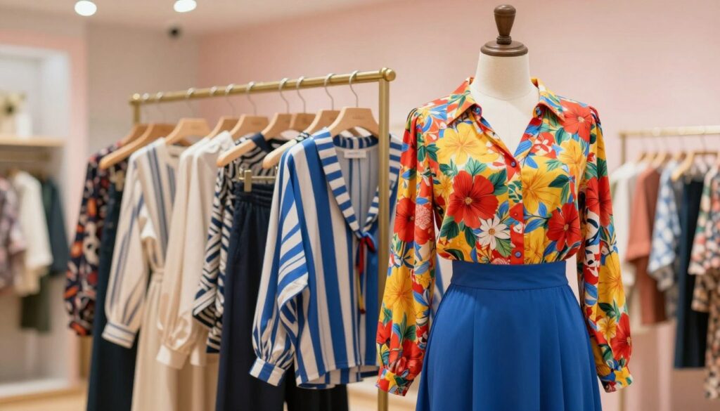 A fashionable scene showcasing a variety of patterned blouses styled with a blue skirt. In the foreground, a mannequin elegantly displays a vibrant floral blouse, featuring bright colors like reds and yellows, paired with a chic, flowing blue skirt that complements the design. The middle ground features additional blouses in different patterns, such as stripes and geometric shapes, displayed on hangers or a stylish rack. The background is softly blurred, depicting a well-organized boutique with pastel-colored walls and elegant lighting creating a warm, inviting atmosphere. The image captures a mood of creativity and style, emphasizing how patterned blouses can enhance an outfit. Soft, diffused lighting illuminates the clothing, highlighting textures and colors.