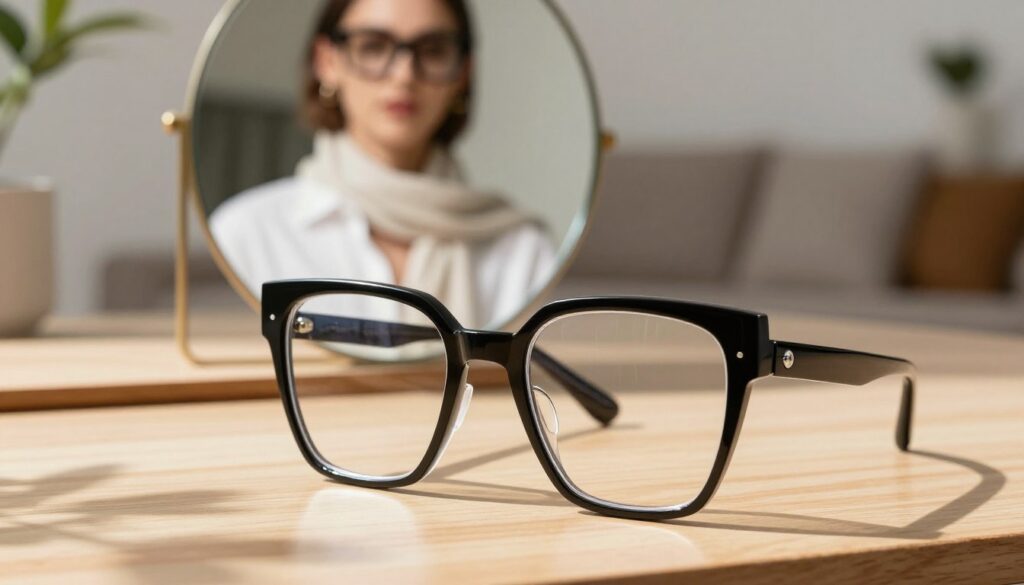 A pair of oversized geometric glasses, designed to flatter a round face. The frames are bold and angular, featuring a striking mix of black and clear materials. In the foreground, the glasses rest on a minimalist wooden table, dappled with gentle natural sunlight that creates soft shadows. In the middle, a blurred reflection of a stylishly dressed model wearing a crisp white shirt and light scarf can be seen in a mirror, demonstrating how these frames accentuate facial features. The background features a soft-focus modern living room with plants and neutral tones, creating an inviting atmosphere. The overall mood is contemporary and chic, showcasing the elegance and sophistication of oversized geometric eyewear. A pair of oversized geometric glasses, designed to flatter a round face. The frames are bold and angular, featuring a striking mix of black and clear materials. In the foreground, the glasses rest on a minimalist wooden table, dappled with gentle natural sunlight that creates soft shadows. In the middle, a blurred reflection of a stylishly dressed model wearing a crisp white shirt and light scarf can be seen in a mirror, demonstrating how these frames accentuate facial features. The background features a soft-focus modern living room with plants and neutral tones, creating an inviting atmosphere. The overall mood is contemporary and chic, showcasing the elegance and sophistication of oversized geometric eyewear.