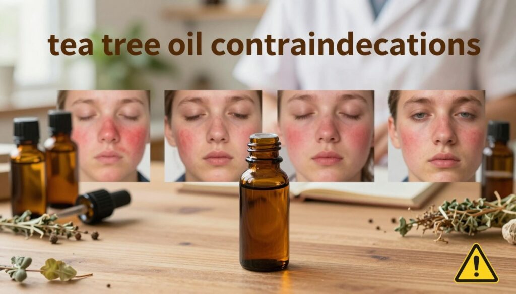 A serene and informative scene depicting the concept of "tea tree oil contraindications." In the foreground, a glass bottle of tea tree oil stands prominently on a wooden table, surrounded by essential oils, dried herbs, and a few subtle warning symbols like a caution sign, indicating precautionary measures. In the middle ground, soft-focus images of various skin irritations, like red skin patches and mild allergic reactions, hint at the oil’s potential side effects. The background features a softly blurred image of an herbalist’s workspace, with plants and natural remedies, conveying a holistic approach to health. The lighting is warm and inviting, providing a cozy atmosphere. The composition uses a slight top-down angle to create an informative and engaging visual experience. A serene and informative scene depicting the concept of "tea tree oil contraindications." In the foreground, a glass bottle of tea tree oil stands prominently on a wooden table, surrounded by essential oils, dried herbs, and a few subtle warning symbols like a caution sign, indicating precautionary measures. In the middle ground, soft-focus images of various skin irritations, like red skin patches and mild allergic reactions, hint at the oil’s potential side effects. The background features a softly blurred image of an herbalist’s workspace, with plants and natural remedies, conveying a holistic approach to health. The lighting is warm and inviting, providing a cozy atmosphere. The composition uses a slight top-down angle to create an informative and engaging visual experience.